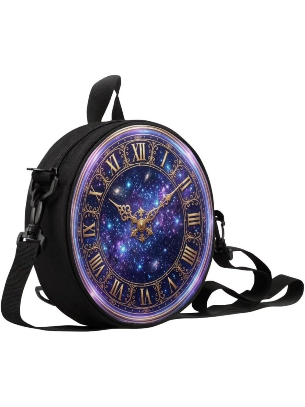 🎃Women Purple-Galaxy Novelty Round Clock Shape Zipper Clock Purses Shoulder Bag